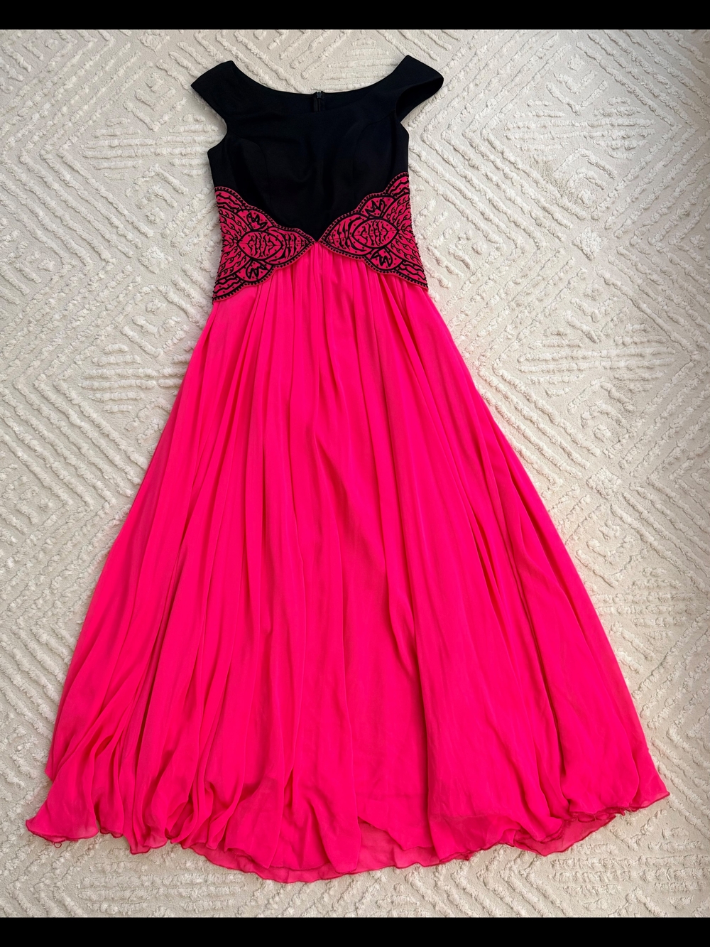 pop Black & Hot Pink Embroidered Waist Maxi Dress